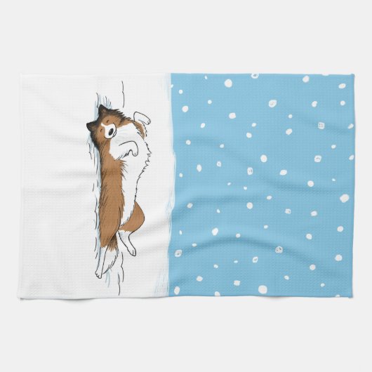 Happy Winter Snow Sheltie - Cute Shetland Sheepdog Theedoek (Horizontaal)