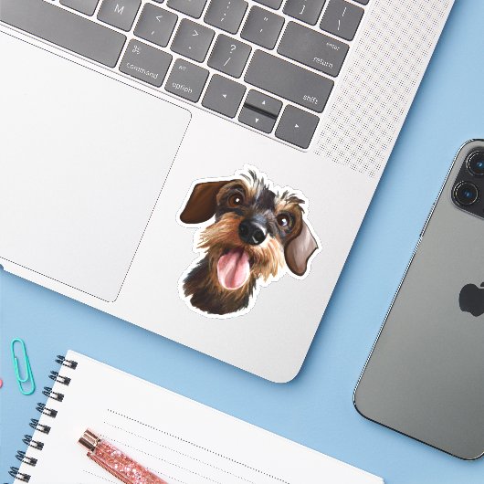 Happy Wirehaered Dachshund Sticker (Laptop met iPhone)