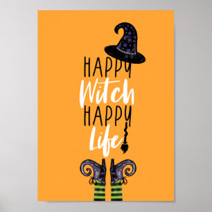 Happy Witch Happy Life   Oranje Halloween Witch Poster