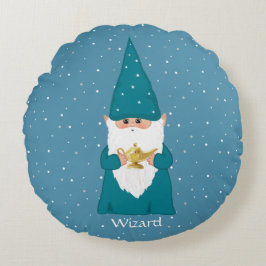 Happy Wizard Gnome & Magic Lamp op Sapphire Blue Rond Kussen