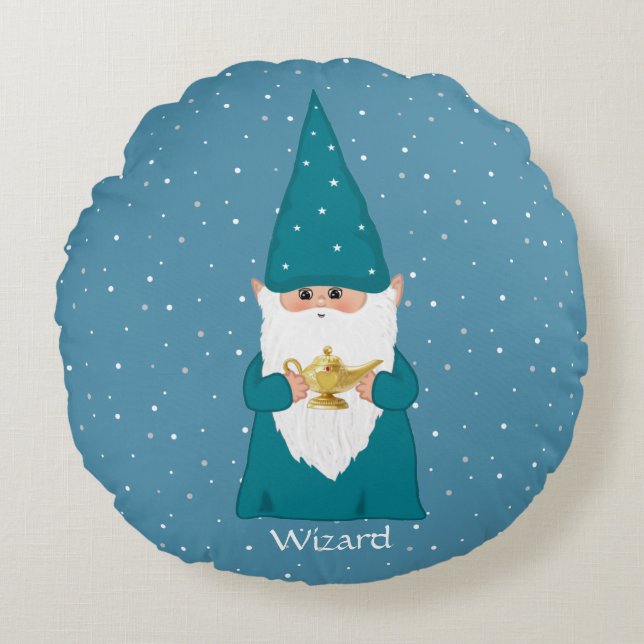 Happy Wizard Gnome & Magic Lamp op Sapphire Blue Rond Kussen (Voorkant)
