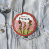 Happy Women's Day Red Button Hands Holding Tulips (In situ)