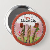 Happy Women's Day Red Button Hands Holding Tulips (Voorkant /achterkant)