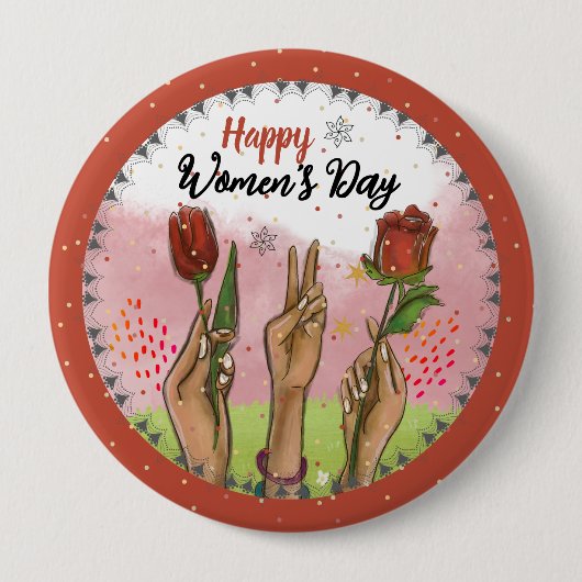Happy Women's Day Red Button Hands Holding Tulips (Voorkant)
