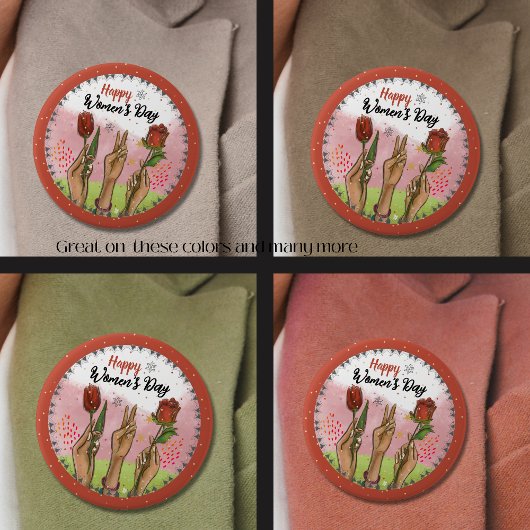 Happy Women's Day Red Button Hands Holding Tulips