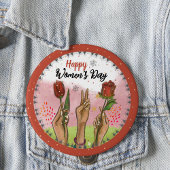 Happy Women's Day Red Button Hands Holding Tulips