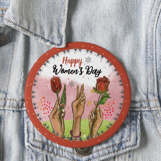 Happy Women's Day Red Button Hands Holding Tulips