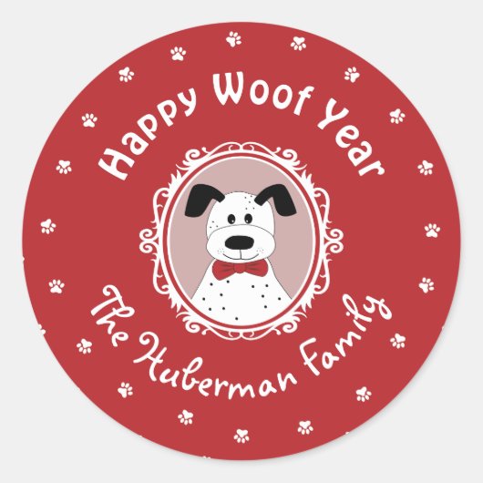 'Happy Woof Year' Dalmatische Kerst Ronde Sticker (Voorkant)