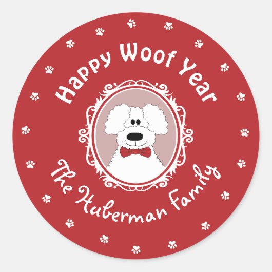 'Happy Woof Year' Poedel Kerst sticker (Voorkant)