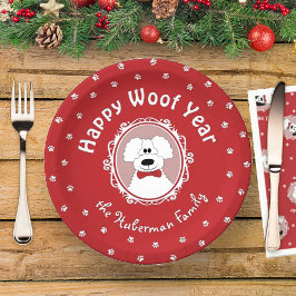 'Happy Woof Year' Poedel met een Bow Stropdas Papieren Bordje