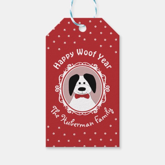 'Happy Woof Year' Schattige Hondenkerst Cadeaulabel (Voorkant)