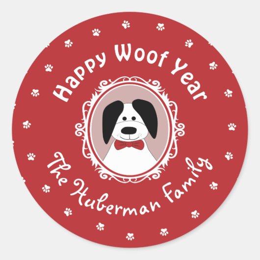 'Happy Woof Year' Schattige Hondenkerst Ronde Sticker (Voorkant)