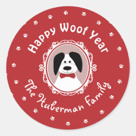 'Happy Woof Year' Schattige Hondenkerst Ronde Sticker
