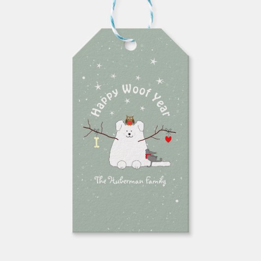 'Happy Woof Year' Snowcat Cadeaulabel (Voorkant)