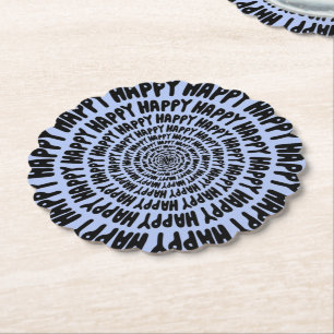 Happy words font spiraal concentrische cirkels lil kartonnen onderzetters