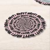 Happy words font spiraal concentrische cirkels roz kartonnen onderzetters (Gekanteld)
