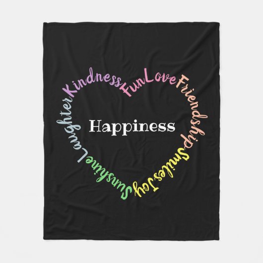 Happy Words Pastel Typography Heart Black Fleece Deken (Voorkant)