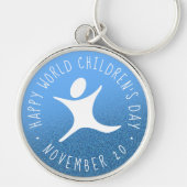Happy World Kinderdag Blauwe Glitter Sleutelhanger (Voorkant)