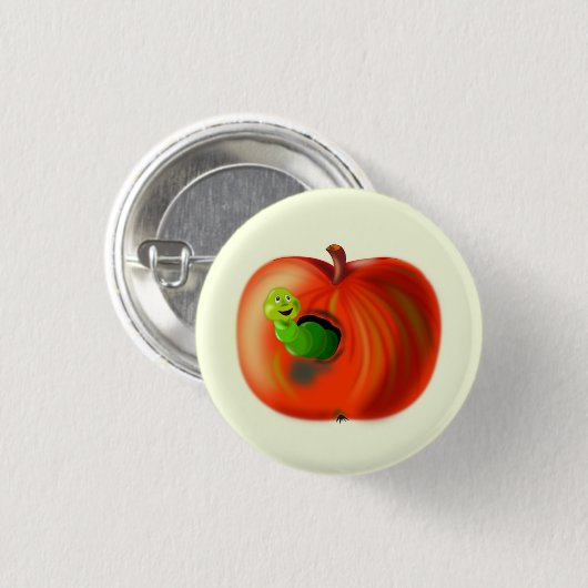 Happy Worm in Red Apple Button - Uw kleur - Tekst (Voorkant /achterkant)