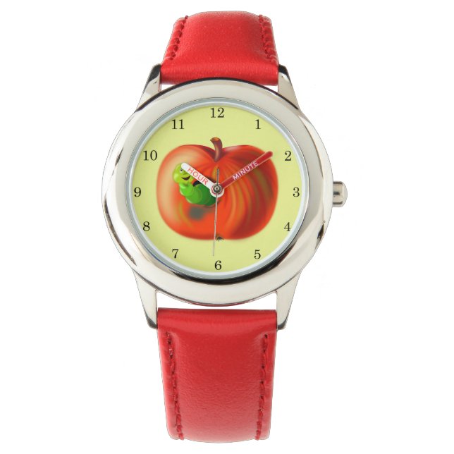 Happy Worm in Red Apple - Horloge (Voorkant)