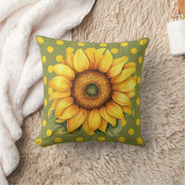Happy Yellow and Green Sunflower on Polka-Dot Kussen