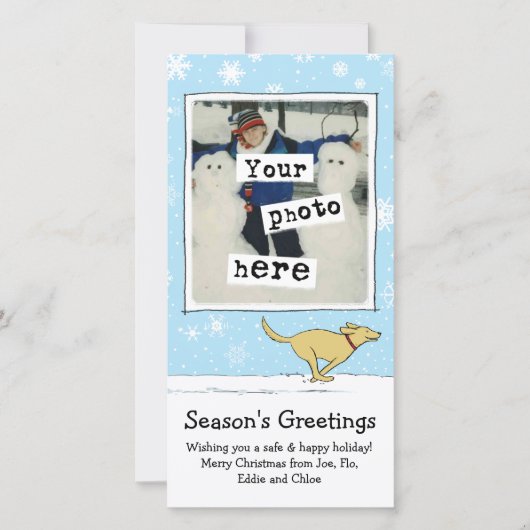 Happy Yellow Dog | Witte kerst | Uw foto Feestdagenkaart (Voorkant)