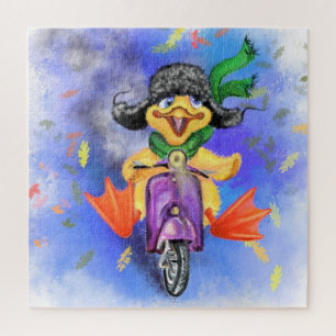 Happy Yellow Duck Drives Paarse Scooter - Cartoon Legpuzzel