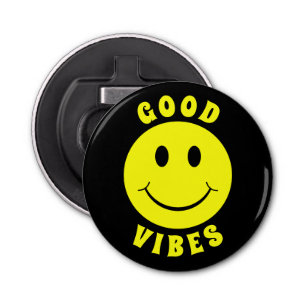 Happy Yellow Face Good Vibes Black Button Flesopener