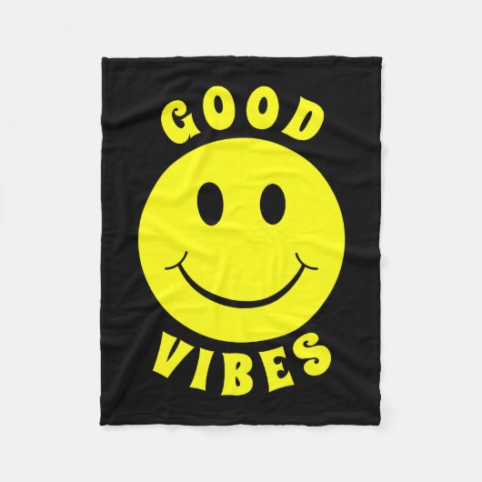 Happy Yellow Face Good Vibes Black Fleece Deken (Voorkant)