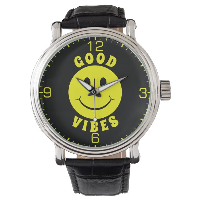 Happy Yellow Face Good Vibes Black Horloge (Voorkant)
