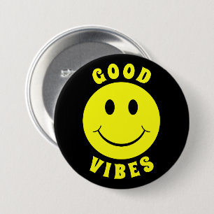 Happy Yellow Face Good Vibes Black Ronde Button 7,6 Cm