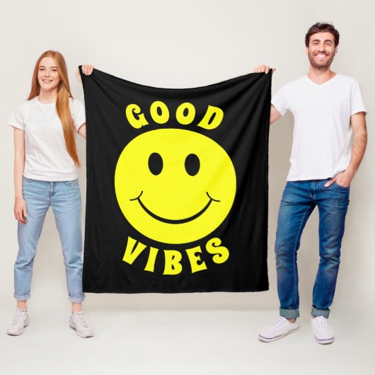 Happy Yellow Face Good Vibes Fleece Deken (In situ)