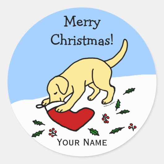 Happy Yellow Lab Kerst Cartoon Stickers (Voorkant)