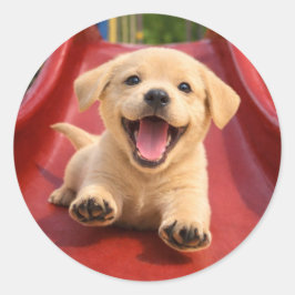 Happy Yellow Labrador Puppy Sliding a slide Ronde Sticker