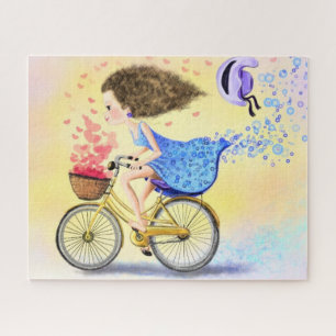 Happy Young Girl op een bike Jigzaag Puzzle Romant Legpuzzel