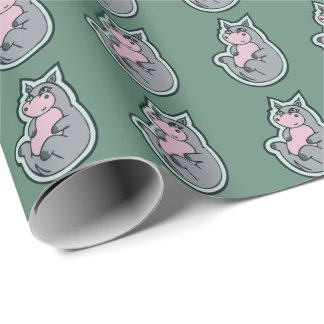 Happy Young Grey Hippo Blauwgroen Tekenontwerp Cadeaupapier