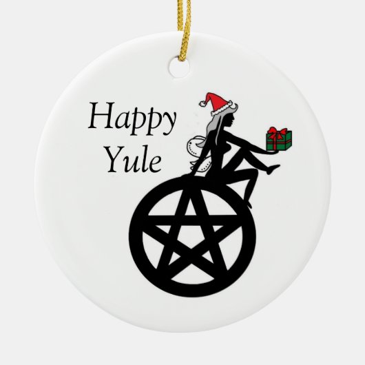 Happy Yule Pagan Faerie en Pentacle Keramisch Ornament (Voorkant)