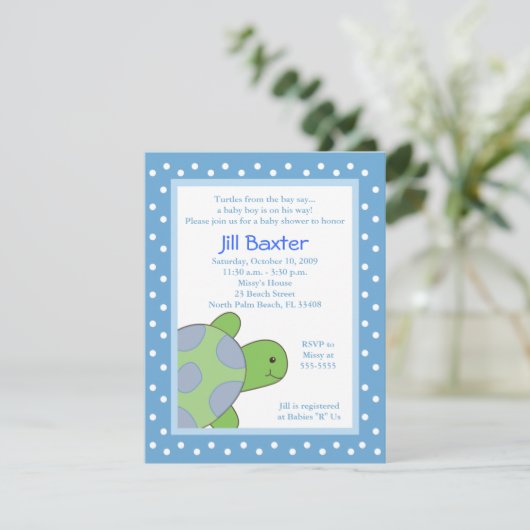 Happy Zee Turtle Blue Baby shower Invitation Kaart (Staand voorkant)