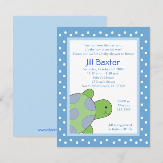 Happy Zee Turtle Blue Baby shower Invitation Kaart (Voorkant / Achterkant)