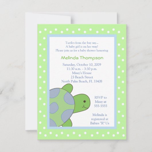 Happy Zee Turtle Green Baby shower Invitation Kaart (Voorkant)