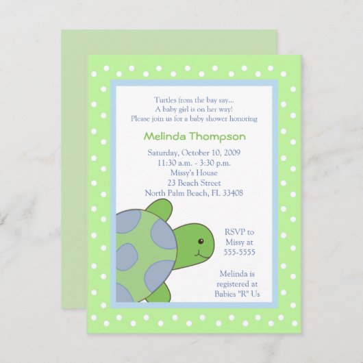 Happy Zee Turtle Green Baby shower Invitation Kaart (Voorkant / Achterkant)