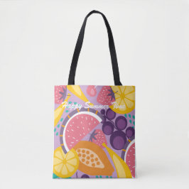 Happy zomers kleurrijk fruitpatroon paars tote bag