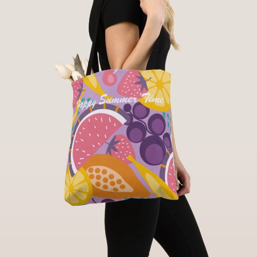 Happy zomers kleurrijk fruitpatroon paars tote bag (Dichtbij)