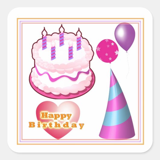 HappyBIRTHDAY Cake Ballon Decorations Vierkante Sticker (Voorkant)