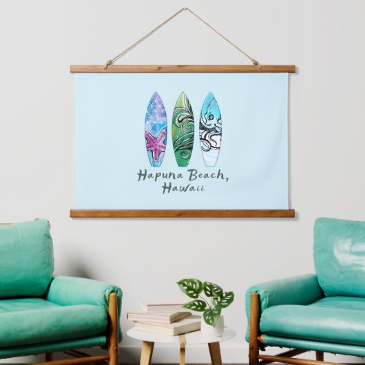 Hapuna Beach Hawaii Aquarel Surfplanken   Hangend Wandkleed (Woonkamer)