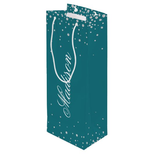 Harbour Blue Chic Diamonds - Persoonlijke naam Wijn Cadeautas (Achterkant Gekanteld)