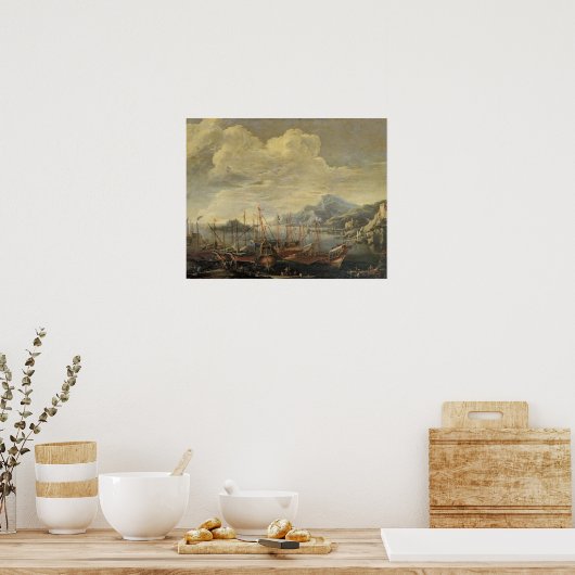 Harbour met vuurtoren en schepen (olie op canvas) poster (Keuken)