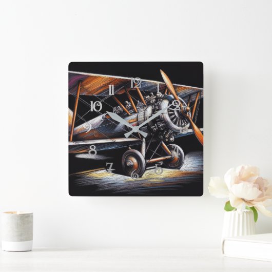 Hard Pastel Antiek tweedekker vleugelvliegtuig Vierkante Klok (Huis)