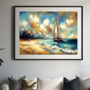 Hard Pastel Drawing Boats Water Poster