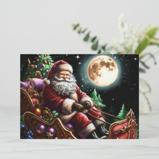 Hard Pastel Drawing Christmas Santa in Sleigh Kaart (Staand voorkant)